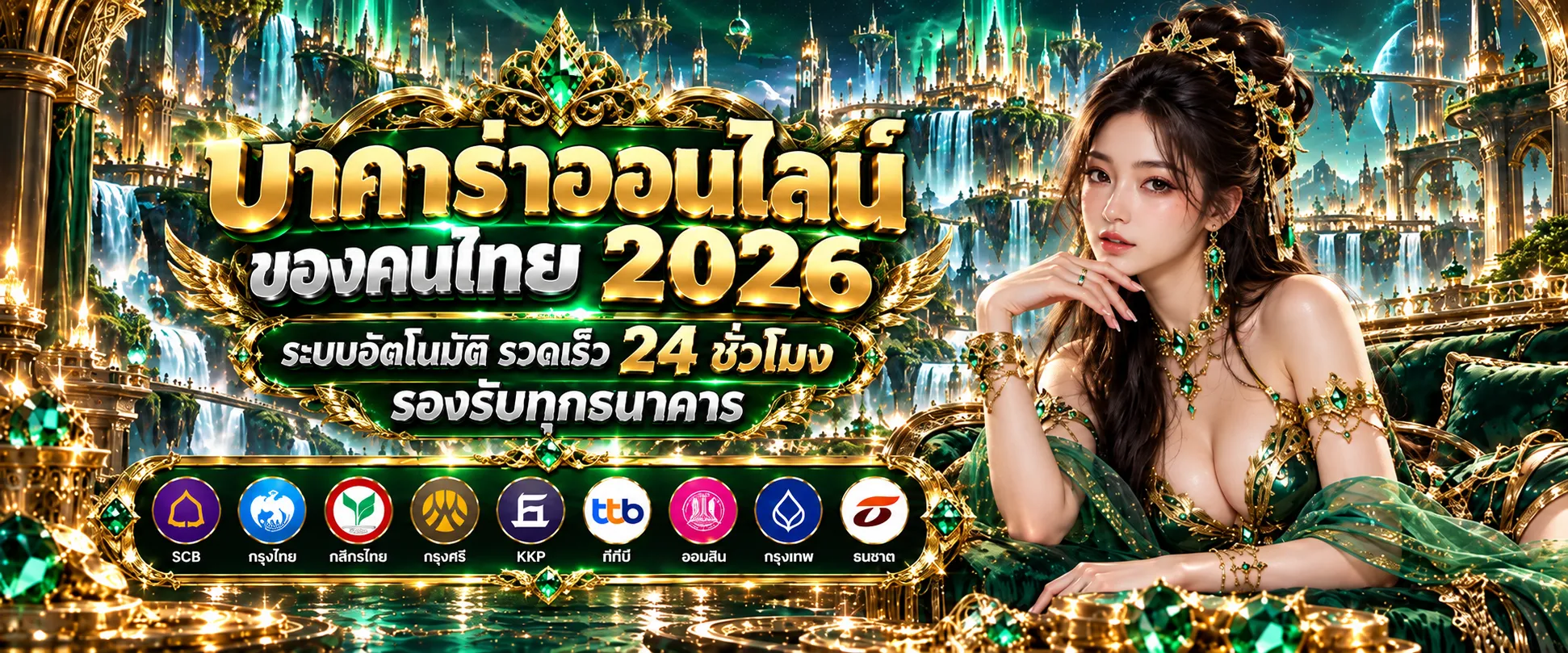 โต๊ะบาคาร่าสุดหรูในคาสิโนแฟนตาซีสีเขียวมรกตแห่งอนาคต พร้อมมังกรทองและไพ่โฮโลแกรม